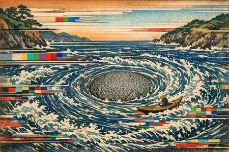 The Whirlpool of Noise — Japanese ukiyo-e woodblock × broken CRT transmission