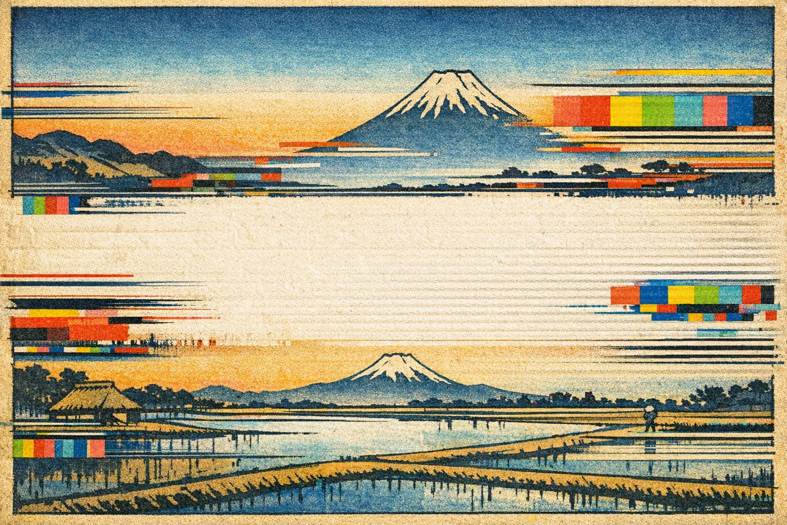 View With Dropout — Japanese ukiyo-e woodblock × broken CRT transmission