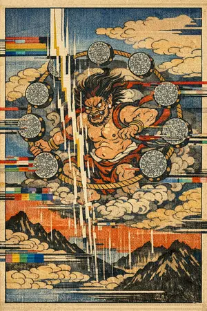 Thunder God Interference — Japanese ukiyo-e woodblock × broken CRT transmission