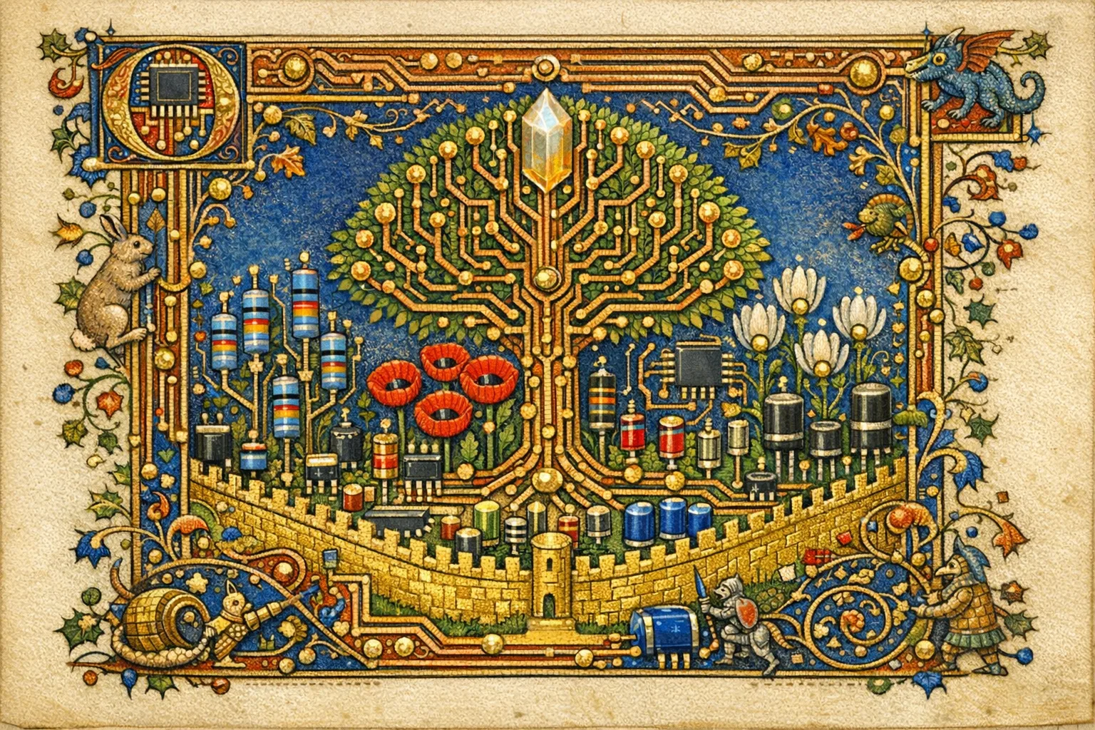 Garden of Traces — Medieval illuminated manuscript × printed circuit boards