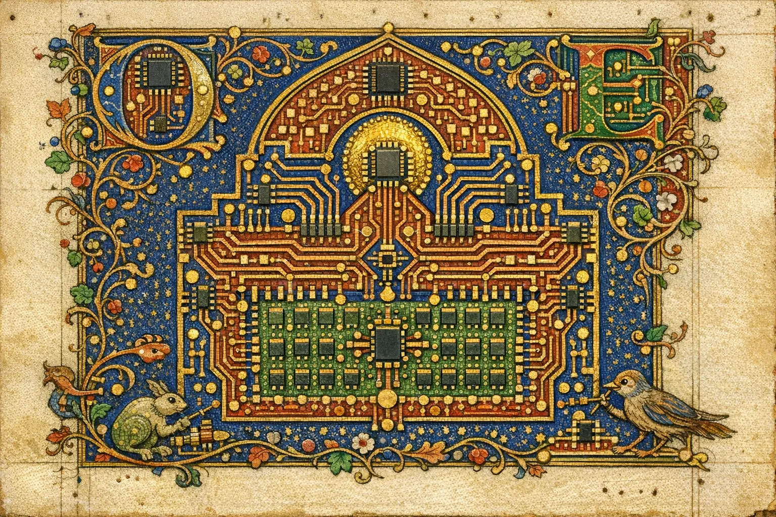 Plan of the Abbey — Medieval illuminated manuscript × printed circuit boards