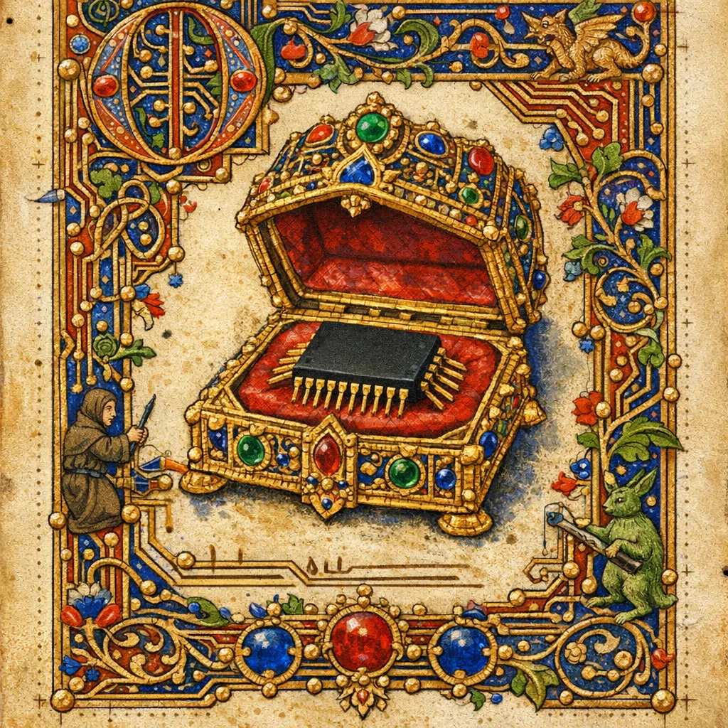 Reliquary Chip — Medieval illuminated manuscript × printed circuit boards