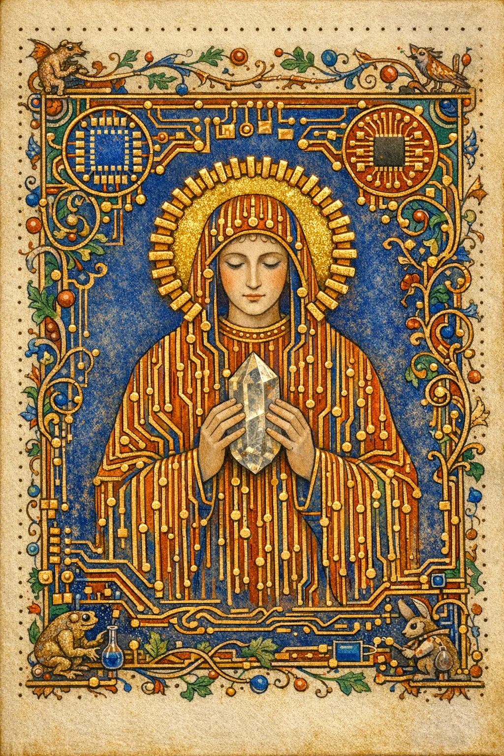Saint of the Oscillator — Medieval illuminated manuscript × printed circuit boards
