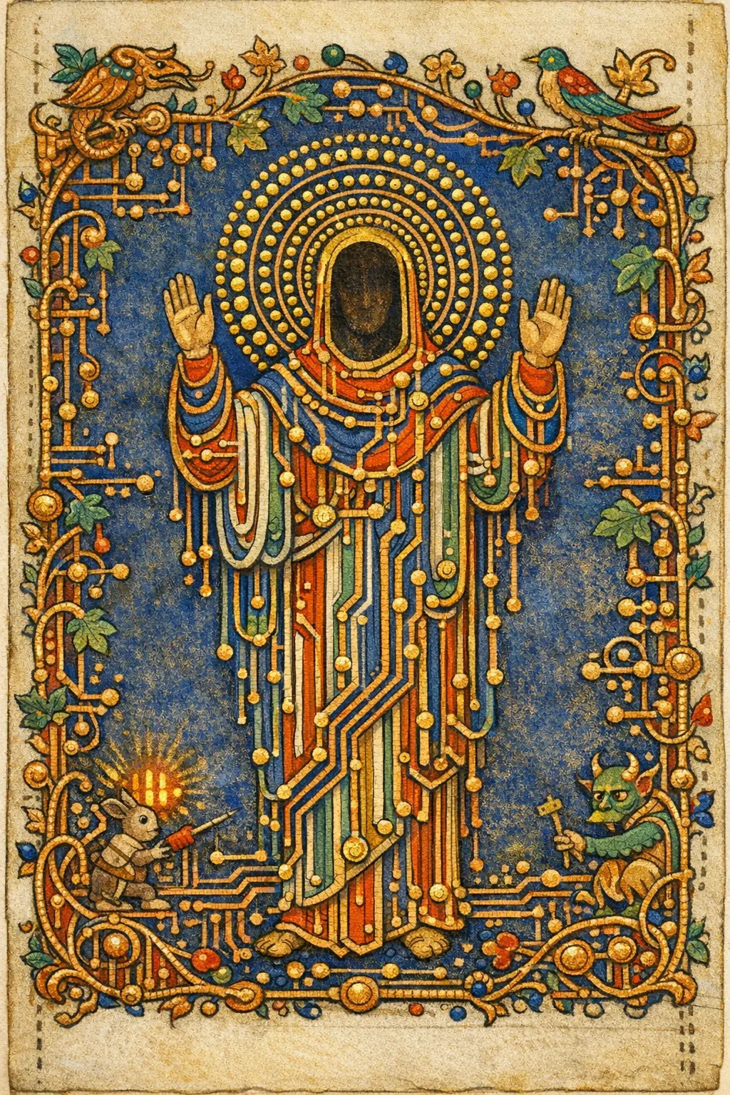 Saint of the Via — Medieval illuminated manuscript × printed circuit boards