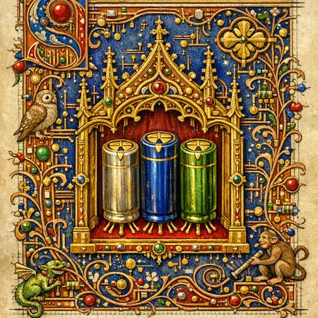 The Capacitor Reliquary — Medieval illuminated manuscript × printed circuit boards