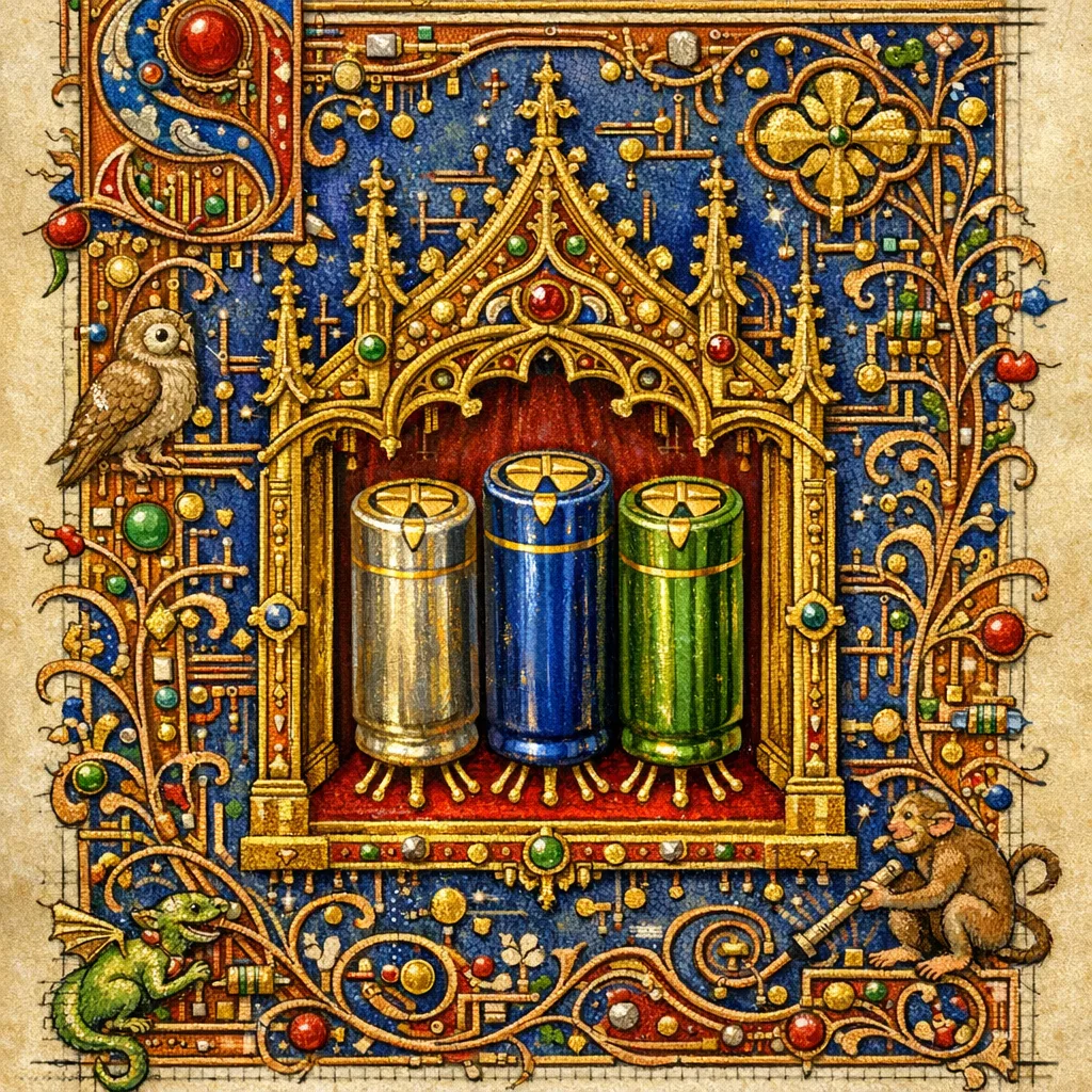 The Capacitor Reliquary — Medieval illuminated manuscript × printed circuit boards