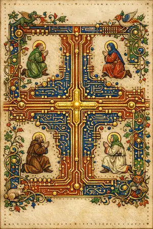 The Crossing of the Bus — Medieval illuminated manuscript × printed circuit boards