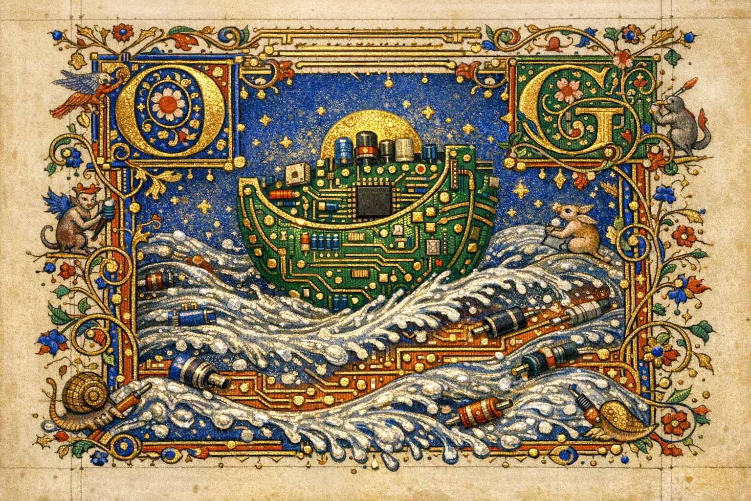 The Flood of Solder — Medieval illuminated manuscript × printed circuit boards