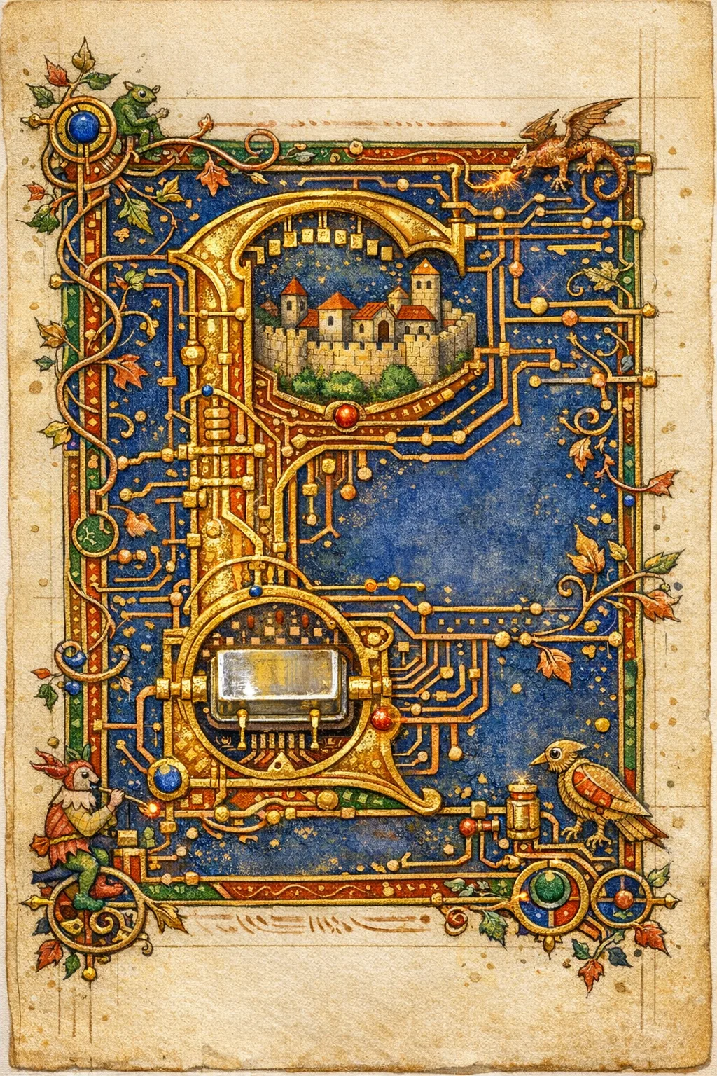 The Hours of the Crystal — Medieval illuminated manuscript × printed circuit boards
