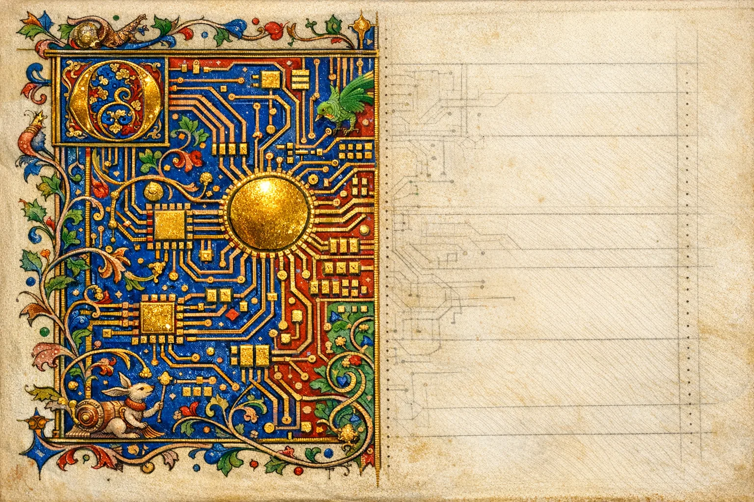 The Last Page, Unrouted — Medieval illuminated manuscript × printed circuit boards