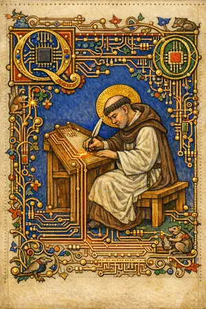 The Scribe Who Traces — Medieval illuminated manuscript × printed circuit boards
