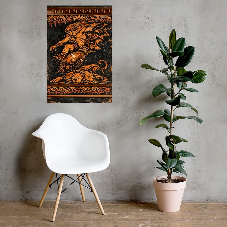 Kickflip of Herakles printed and photographed on a wall