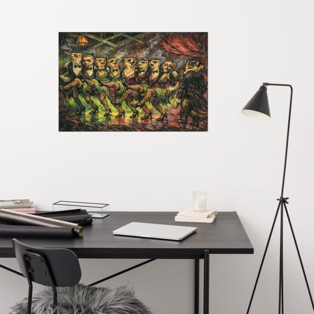 Ferret Chorus Line printed and photographed on a wall