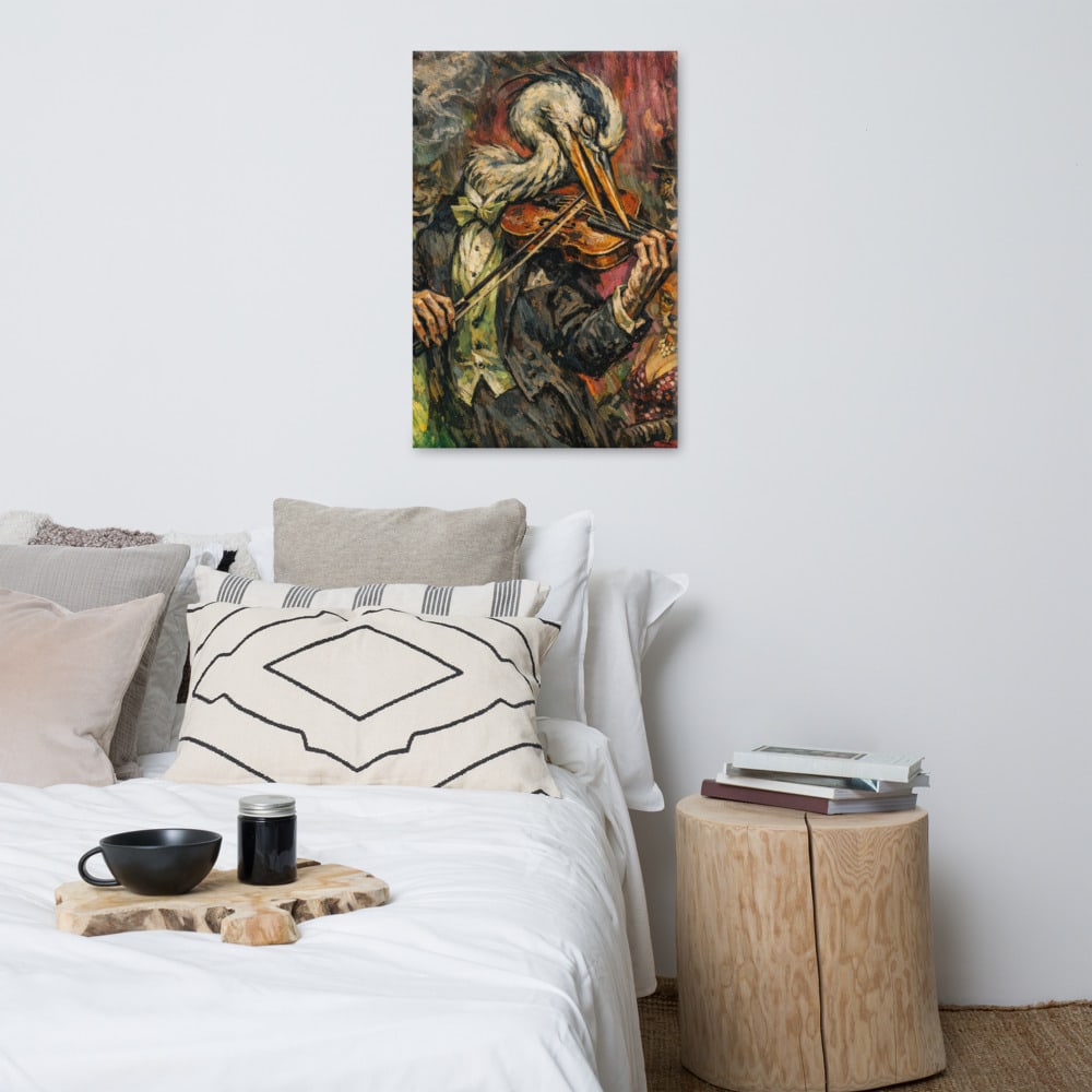Heron With a Violin printed and photographed on a wall