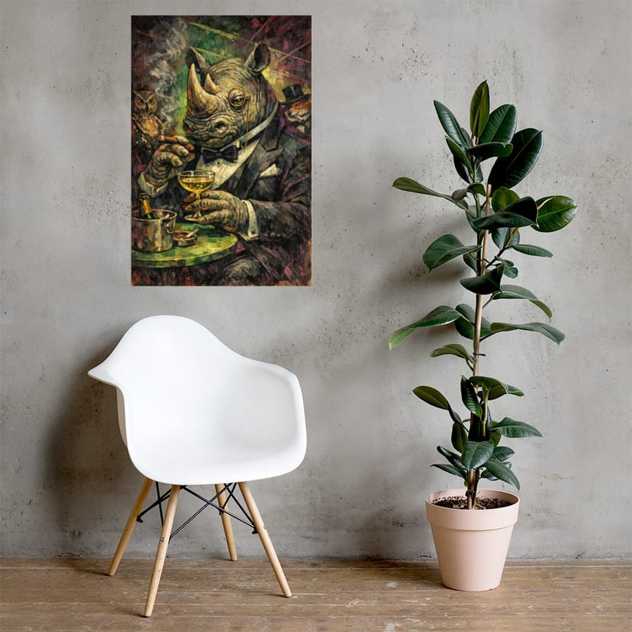 Rhino in a Tuxedo printed and photographed on a wall