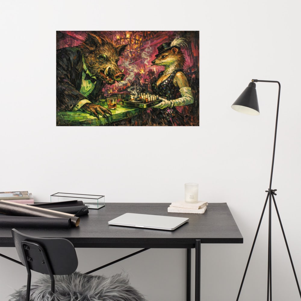 The Boar and the Cigarette Girl printed and photographed on a wall