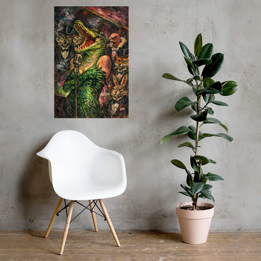 The Crocodile Chanteuse printed and photographed on a wall