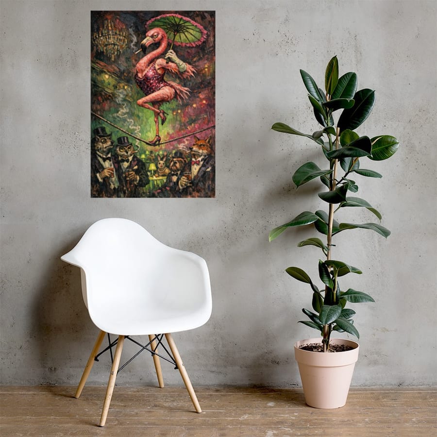 The Flamingo Tightrope printed and photographed on a wall