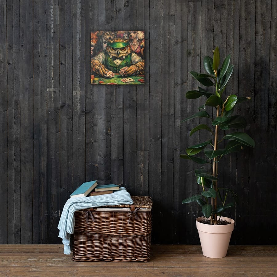 The Owl Croupier printed and photographed on a wall