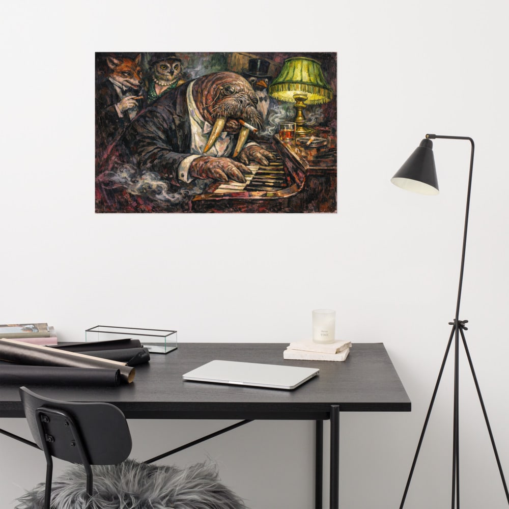 Walrus at the Piano printed and photographed on a wall