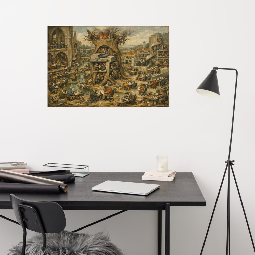 Garden of Earthly Deliverables printed and photographed on a wall
