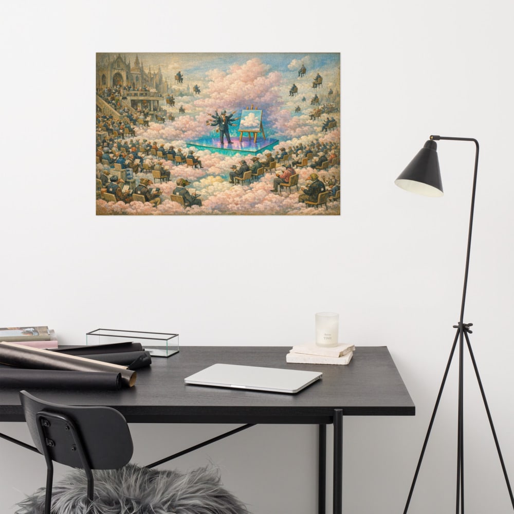 The All-Hands in the Clouds printed and photographed on a wall