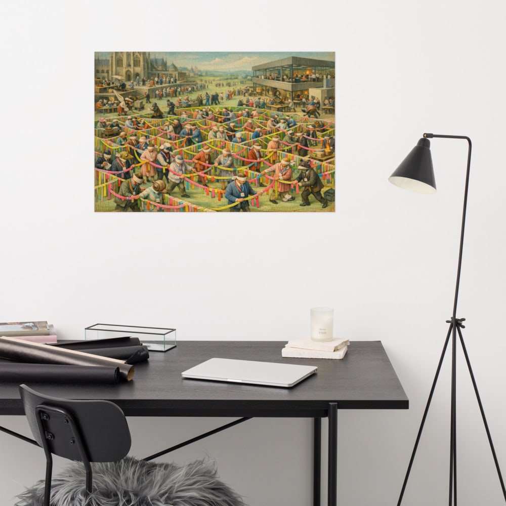 The Lanyard Labyrinth printed and photographed on a wall