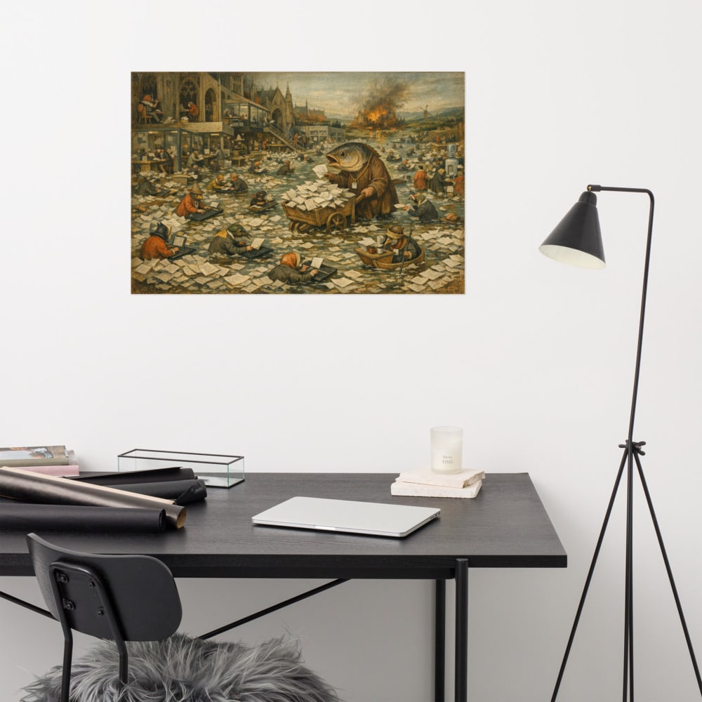The Reply-All Deluge printed and photographed on a wall