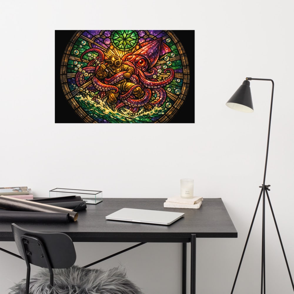 Squid and Diver printed and photographed on a wall
