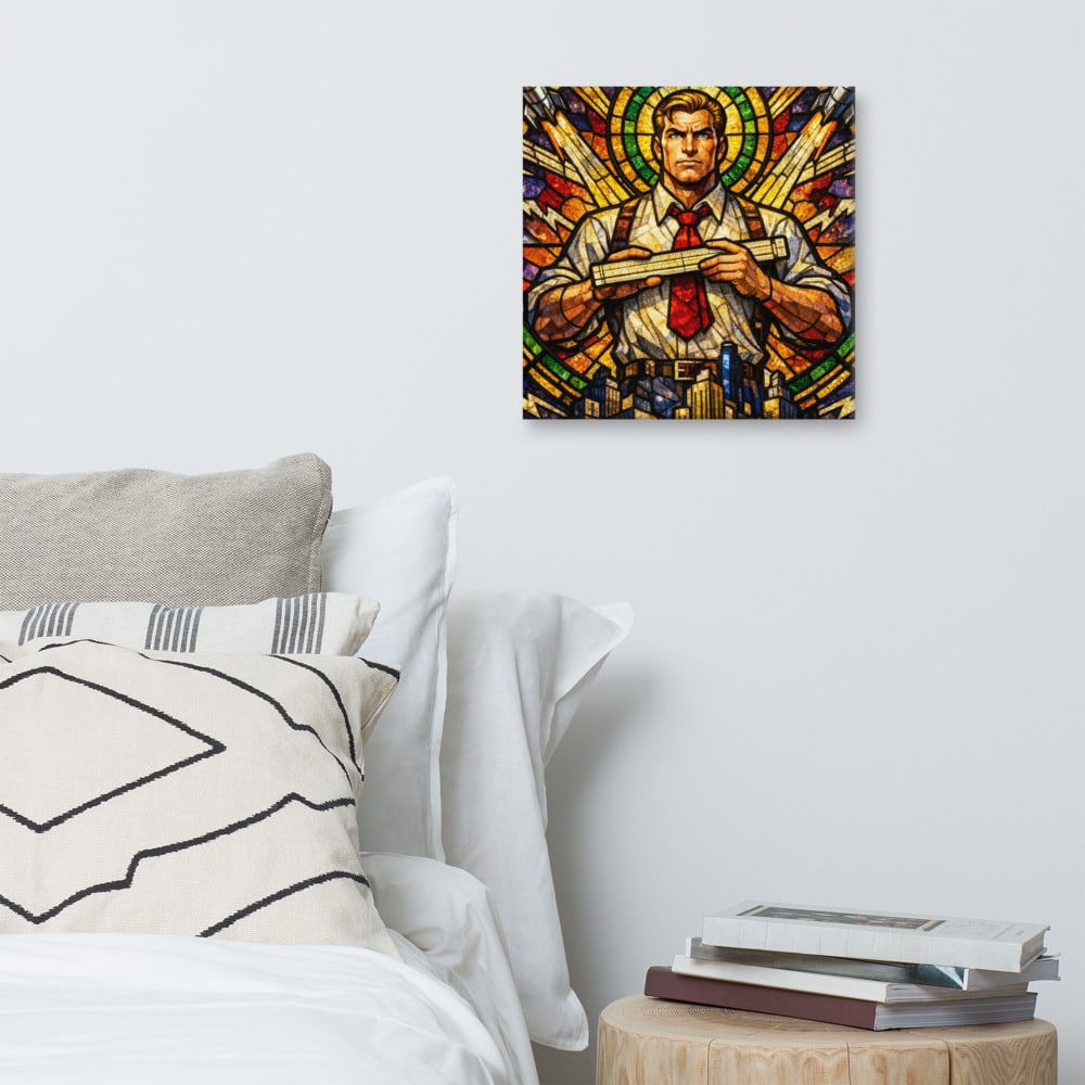 Saint of the Slide Rule printed and photographed on a wall