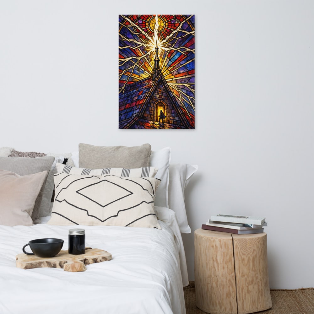 The Lightning Rod Saint printed and photographed on a wall