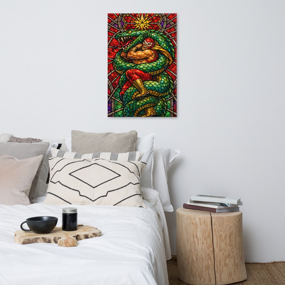 Wrestler and the Serpent printed and photographed on a wall