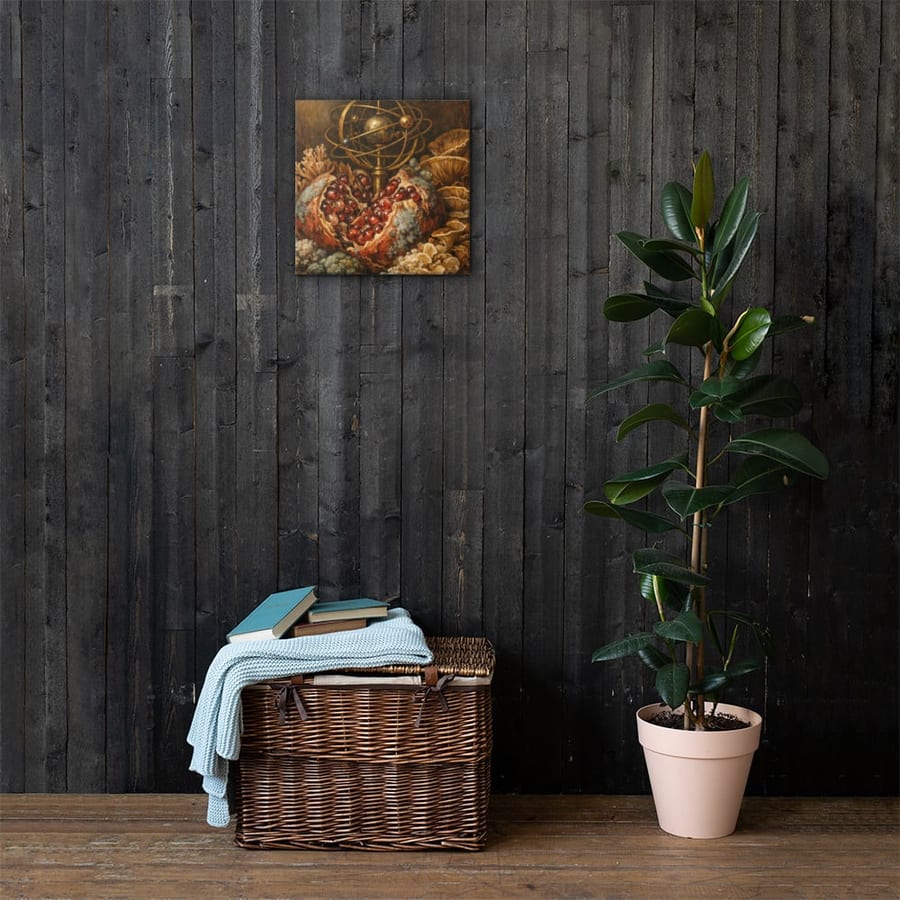 Pomegranate Orrery printed and photographed on a wall