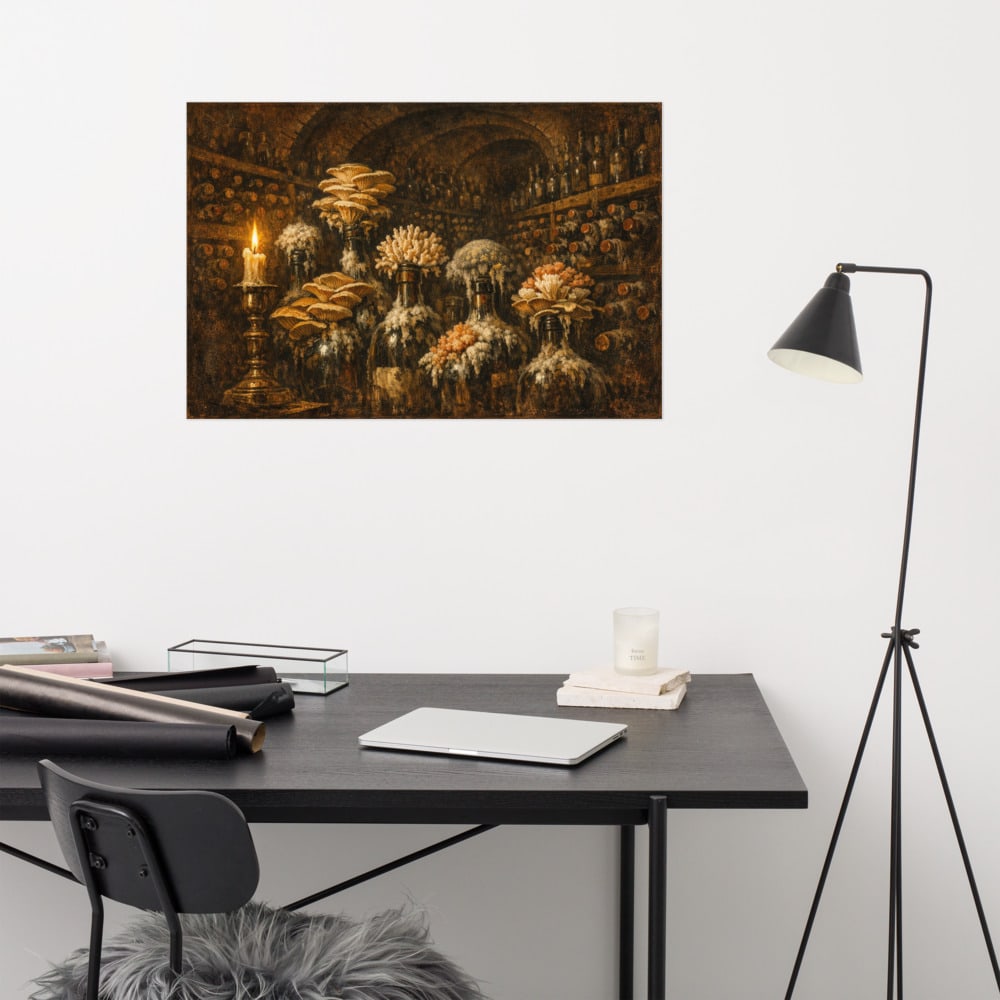 The Cellar Bloom printed and photographed on a wall