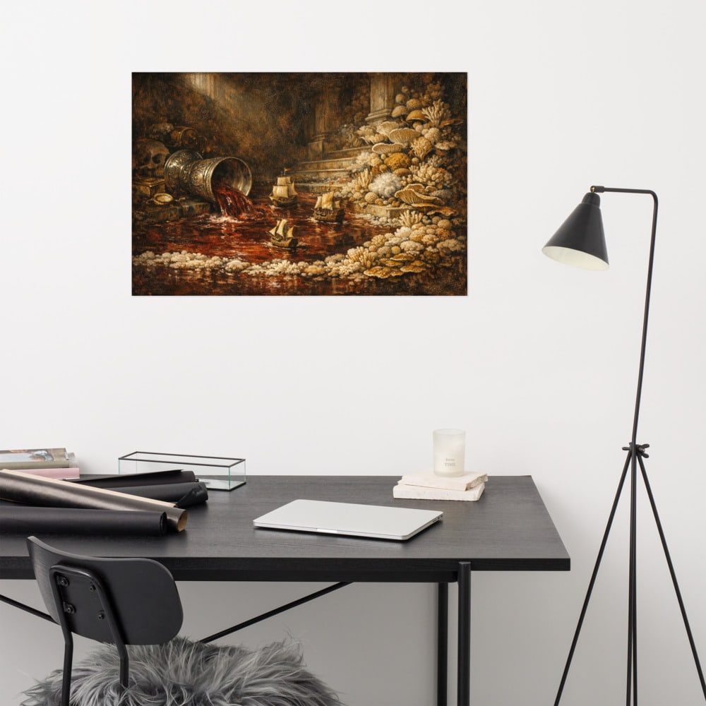 The Wine Flood printed and photographed on a wall