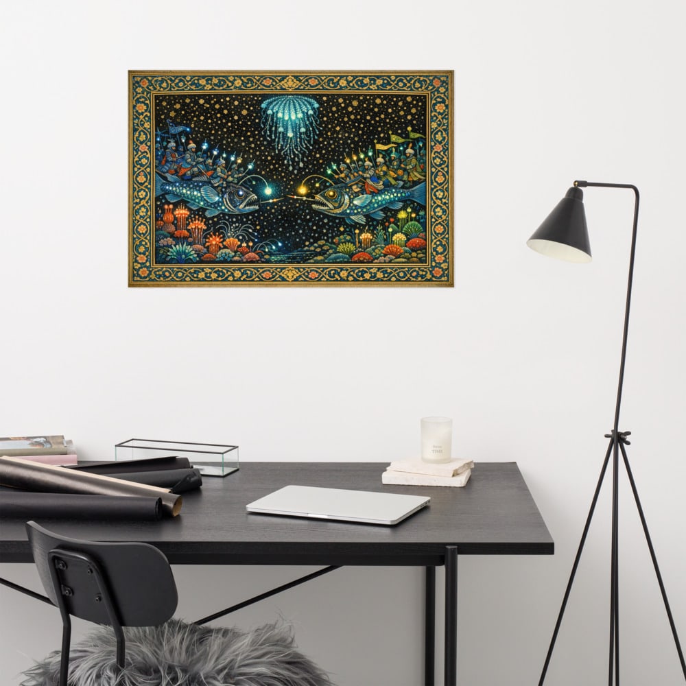 Battle of the Lanternfish printed and photographed on a wall