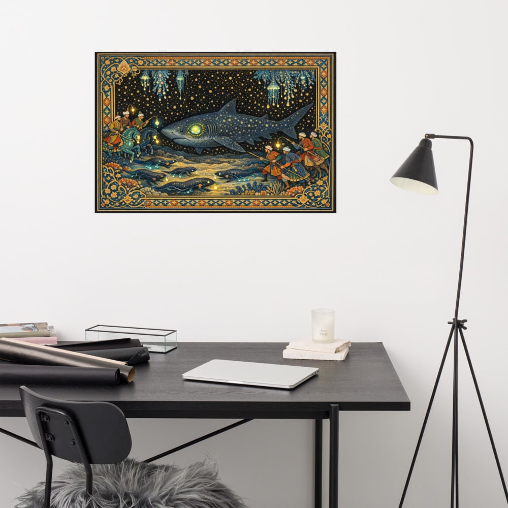 Hunt of the Sleeper Shark printed and photographed on a wall