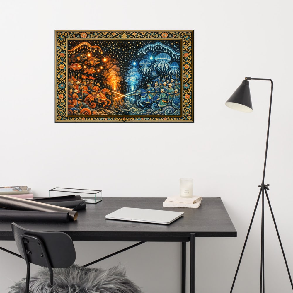 The Battle of Two Vents printed and photographed on a wall