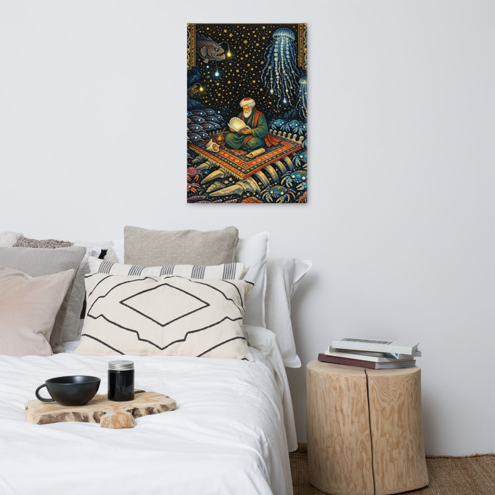The Scholar and the Whalefall printed and photographed on a wall