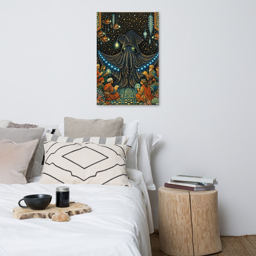 The Vampire Squid Audience printed and photographed on a wall