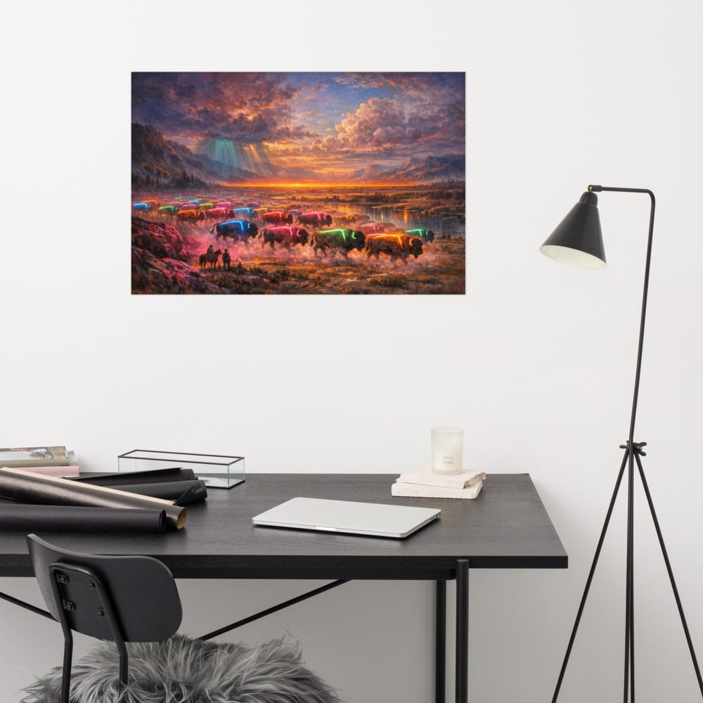 Neon Buffalo printed and photographed on a wall