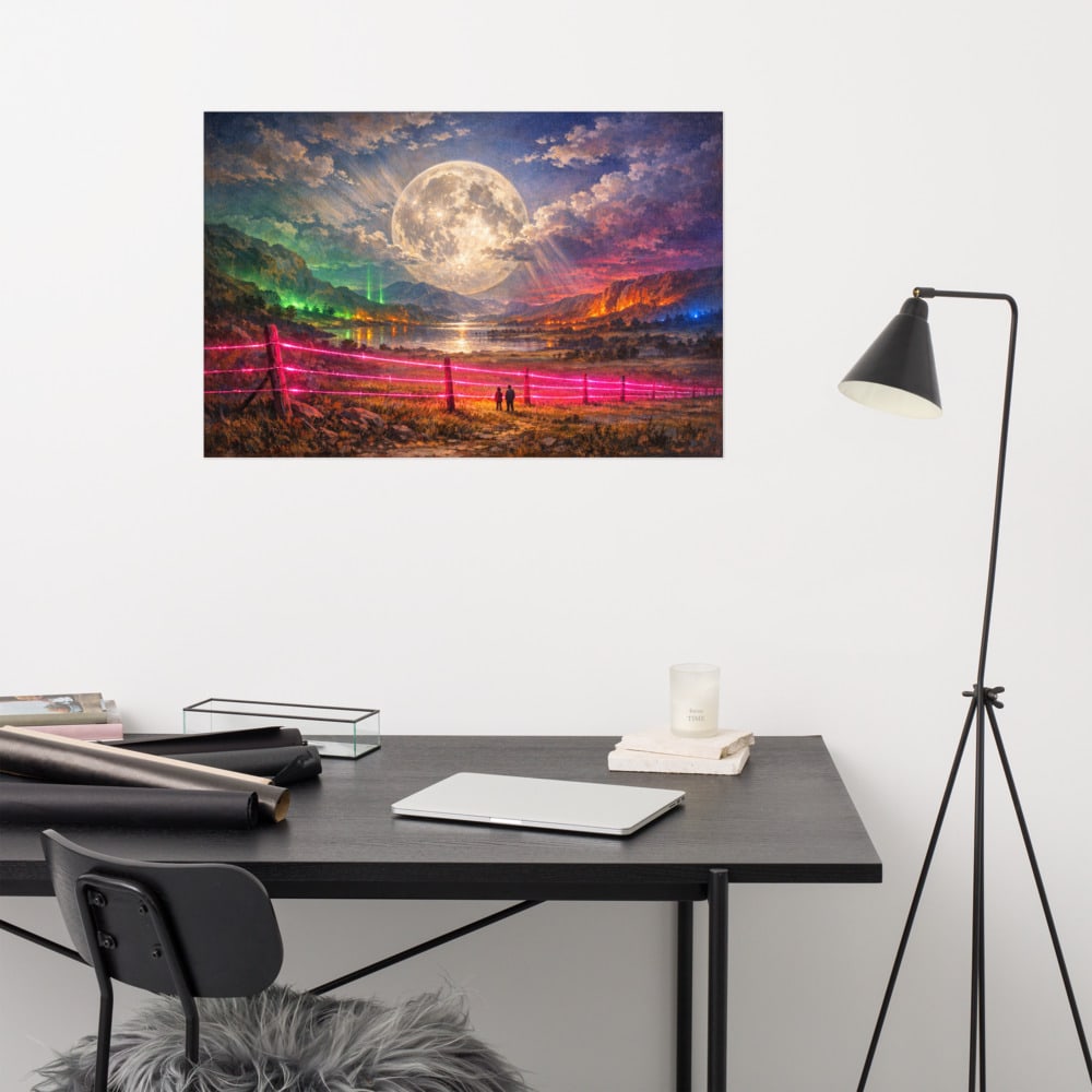Prairie Moon and Wire printed and photographed on a wall