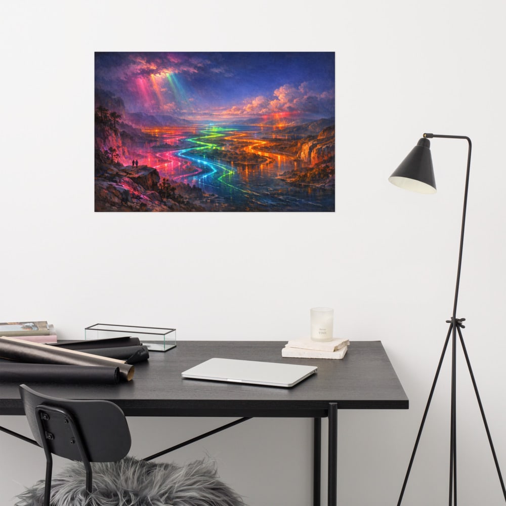 River Delta at Night printed and photographed on a wall