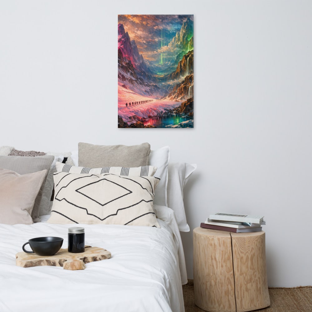 The Pink Mountain Pass printed and photographed on a wall