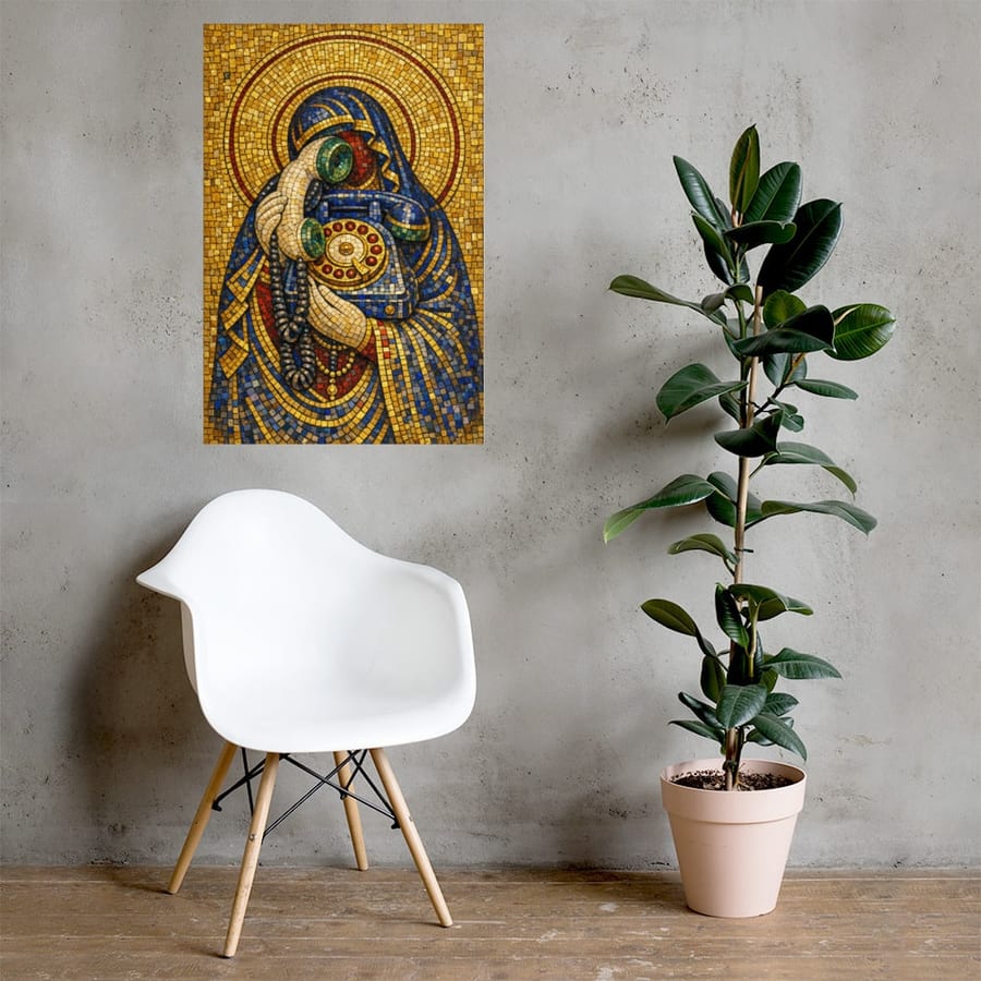 Our Lady of Dial Tone printed and photographed on a wall