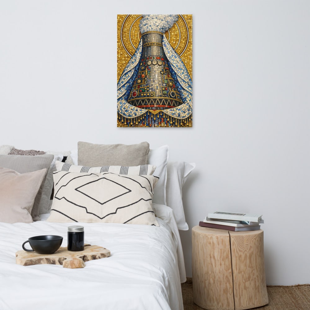 Our Lady of the Cooling Tower printed and photographed on a wall