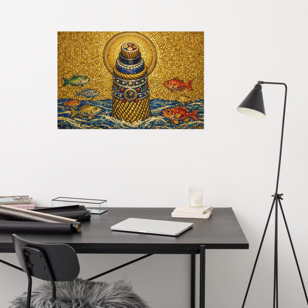 Saint of the Undersea Cable printed and photographed on a wall
