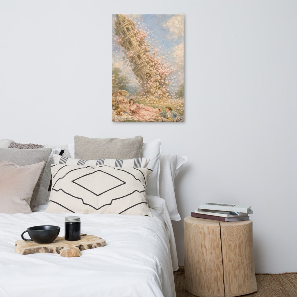 Blossom of the Falling Tower printed and photographed on a wall