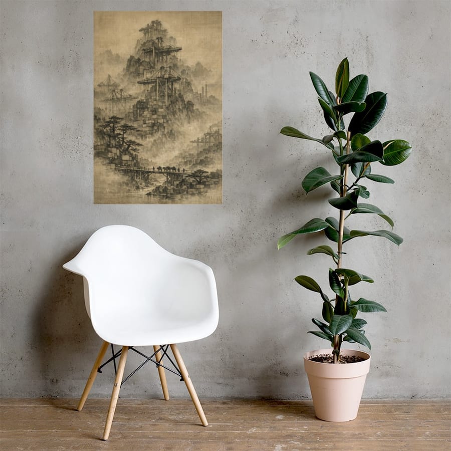 Travellers Among Cranes printed and photographed on a wall
