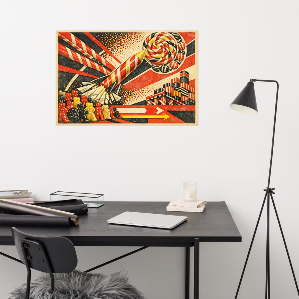 Rocket of Rock printed and photographed on a wall